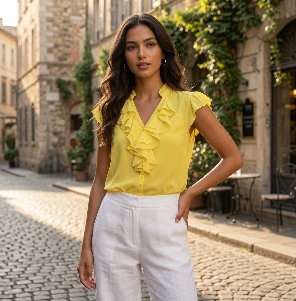 Worthington Yellow Ruffle V-Neck Blouse Cami Set Sheer Sleeveless Womens Sz M VG